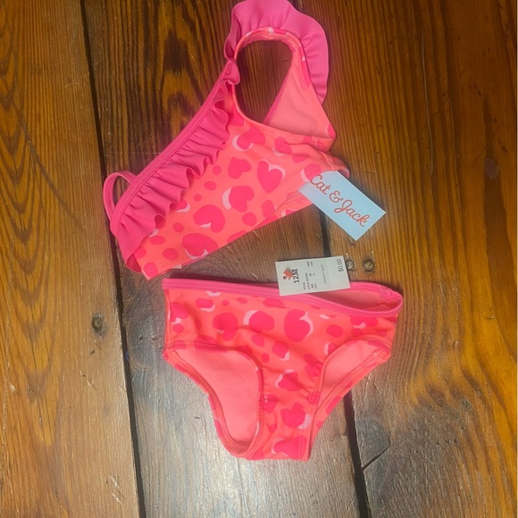 Cat & Jack Girls' One Shoulder Ruffle Bikini Set Size 12M Pink Hearts Swimsuit - Picture 3 of 10